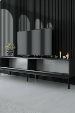 Mobile Porta tv Nero Antracite Nero Cassetti un Ripiano 180x30x47h cm, 2 Ante - Espero