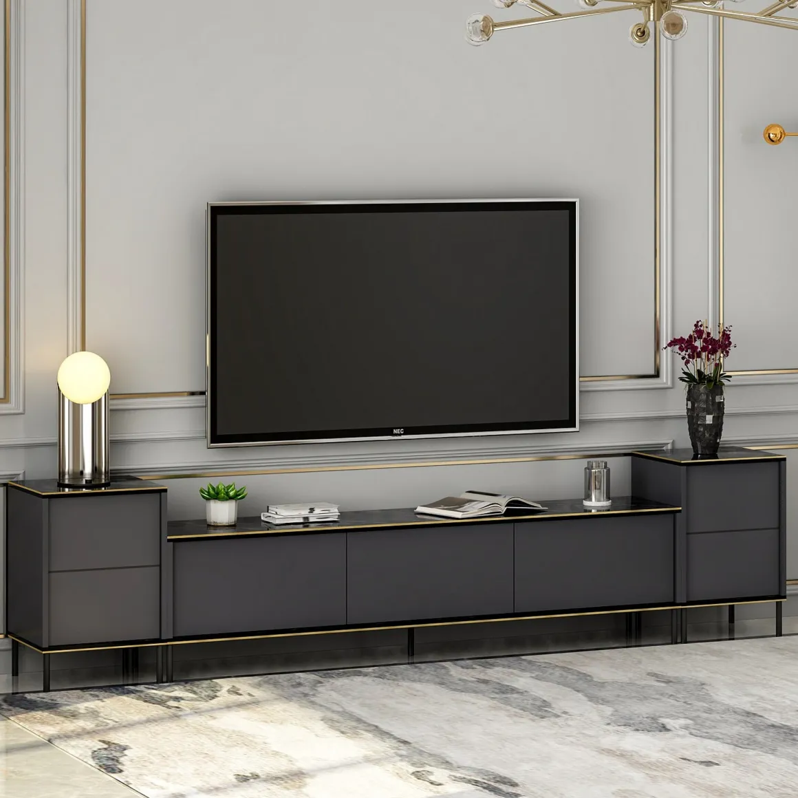 Mobili Porta Tv > Dmora Mobile Porta tv Nero Antracite Nero Marmo Luci led Incluse 3 Ante 160x32x35h cm, Apertura a Ribalta - Marazzi Nero Marmo, Nero Antracite