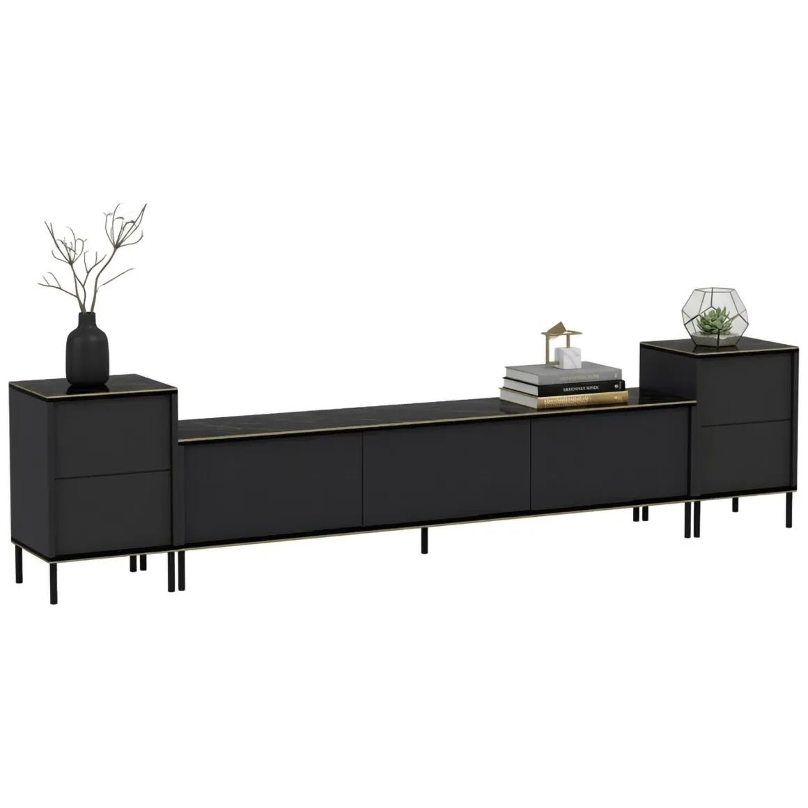 Mobili Porta Tv > Dmora Mobile Porta tv Nero Antracite Nero Marmo Luci led Incluse 3 Ante 160x32x35h cm, Apertura a Ribalta - Marazzi Nero Marmo, Nero Antracite