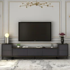 Mobili Porta Tv > Dmora Mobile Porta tv Nero Antracite Nero Marmo Luci led Incluse 3 Ante 160x32x35h cm, Apertura a Ribalta - Marazzi Nero Marmo, Nero Antracite