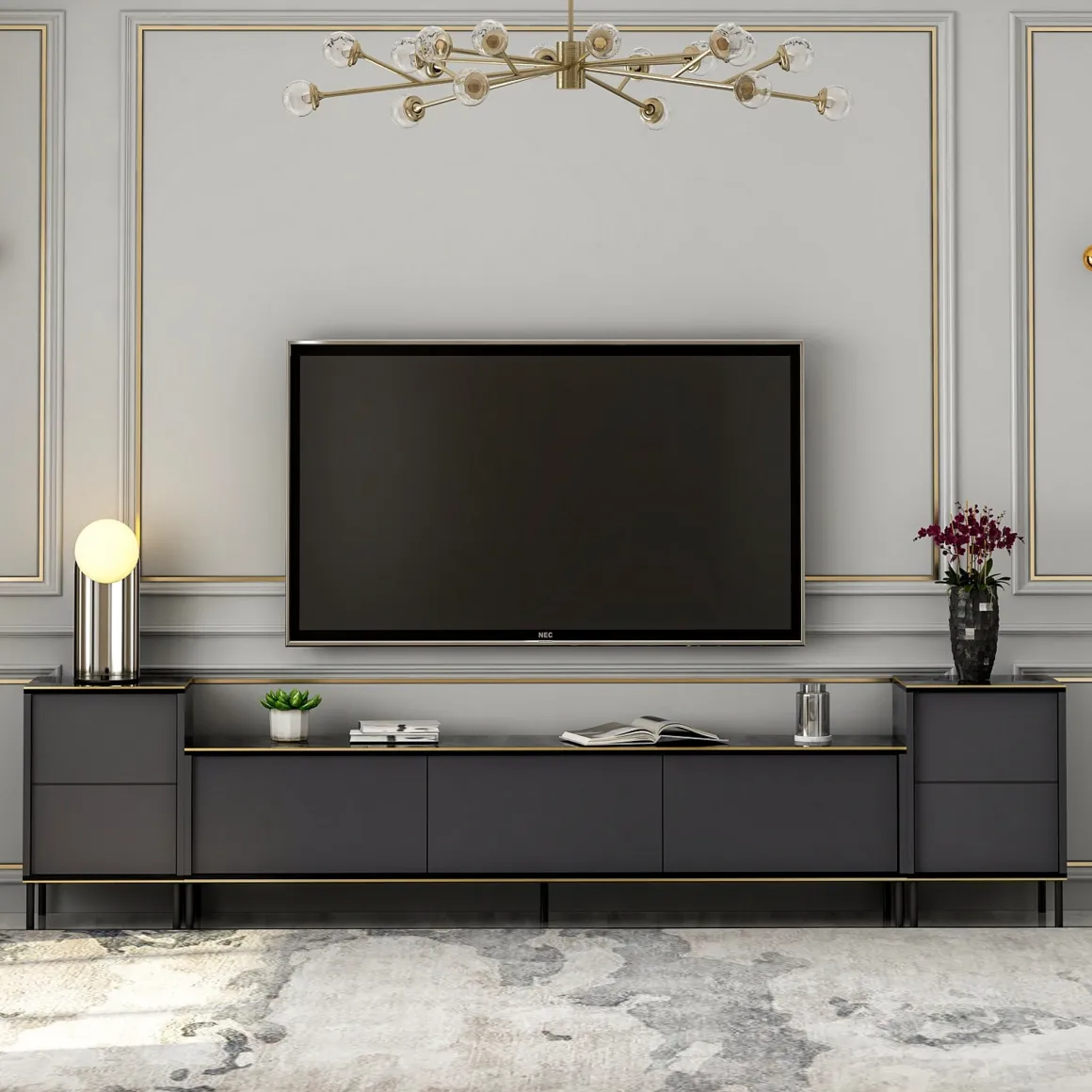 Mobili Porta Tv > Dmora Mobile Porta tv Nero Antracite Nero Marmo Luci led Incluse 3 Ante 160x32x35h cm, Apertura a Ribalta - Marazzi Nero Marmo, Nero Antracite