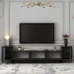 Mobili Porta Tv > Dmora Mobile Porta tv Nero Antracite Nero Marmo Luci led Incluse 3 Ante 160x32x35h cm, Apertura a Ribalta - Marazzi Nero Marmo, Nero Antracite