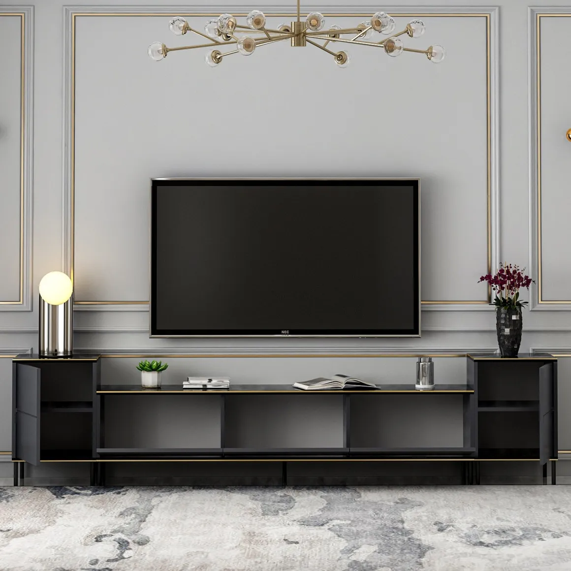 Mobili Porta Tv > Dmora Mobile Porta tv Nero Antracite Nero Marmo Luci led Incluse 3 Ante 160x32x35h cm, Apertura a Ribalta - Marazzi Nero Marmo, Nero Antracite