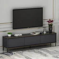 Mobile Porta tv Nero Antracite oro 3 Ante Ripiano Effetto Marmo 180x35x45h cm, 3 Vani - Vicchio