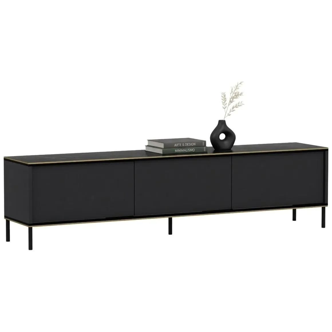 Mobile Porta tv Nero Antracite oro 3 Ante Ripiano Effetto Marmo 180x35x45h cm, 3 Vani - Vicchio