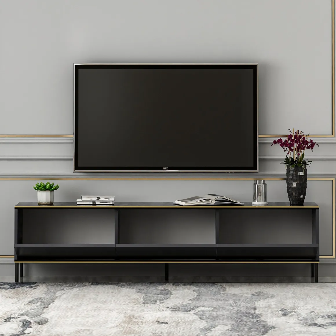 Mobile Porta tv Nero Antracite oro 3 Ante Ripiano Effetto Marmo 180x35x45h cm, 3 Vani - Vicchio