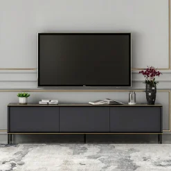 Mobile Porta tv Nero Antracite oro 3 Ante Ripiano Effetto Marmo 180x35x45h cm, 3 Vani - Vicchio