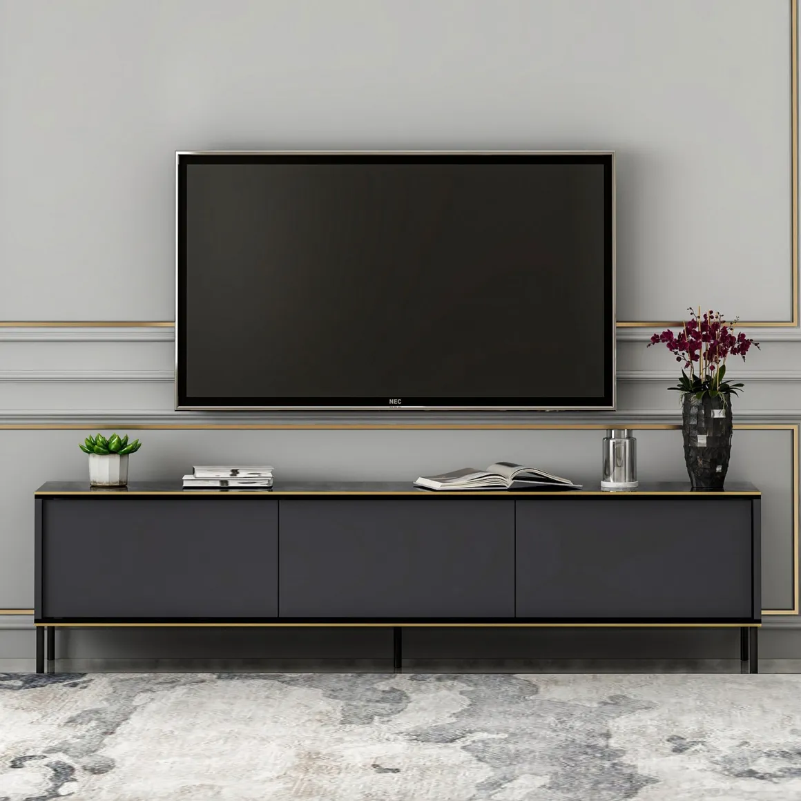 Mobile Porta tv Nero Antracite oro 3 Ante Ripiano Effetto Marmo 180x35x45h cm, 3 Vani - Vicchio