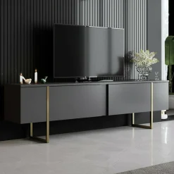 Mobile Porta tv Nero Antracite oro Cassetti un Ripiano 180x30x50h cm, 2 Ante - Abishia