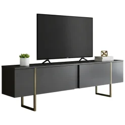 Mobile Porta tv Nero Antracite oro Cassetti un Ripiano 180x30x50h cm, 2 Ante - Abishia