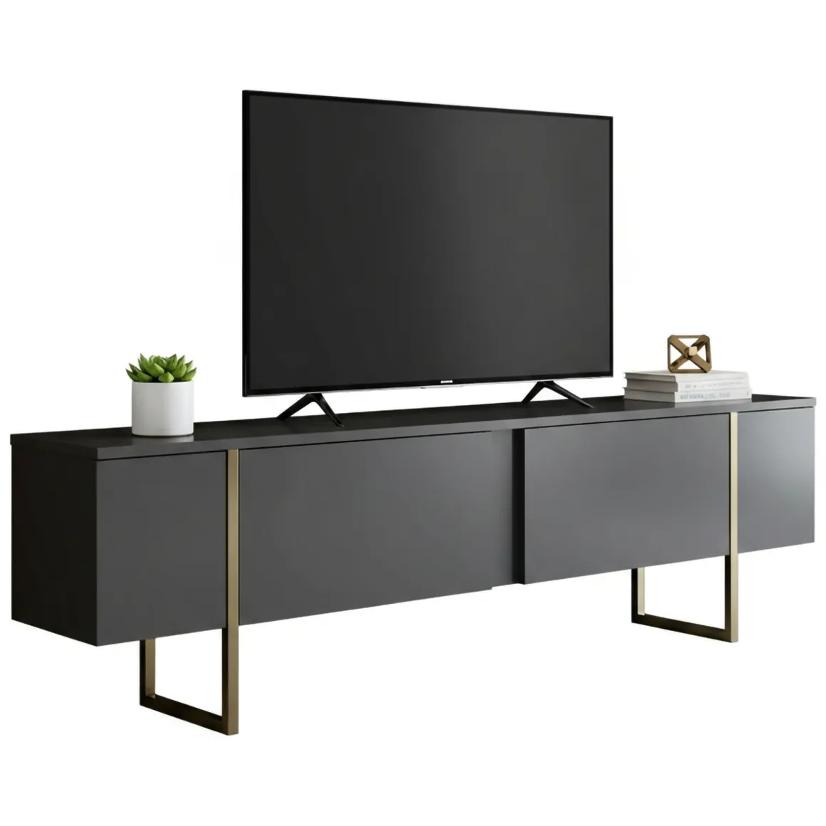 Mobile Porta tv Nero Antracite oro Cassetti un Ripiano 180x30x50h cm, 2 Ante - Abishia