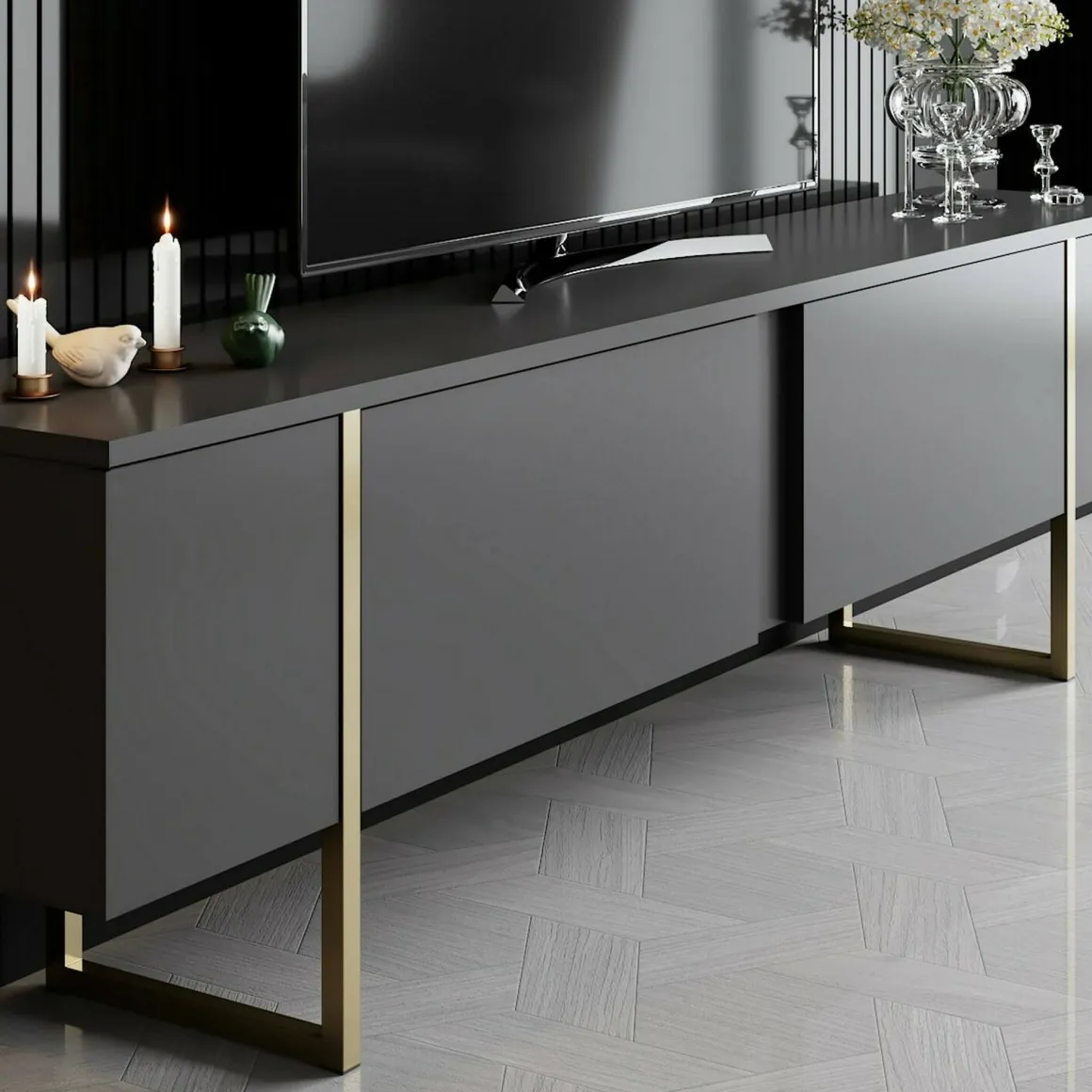 Mobile Porta tv Nero Antracite oro Cassetti un Ripiano 180x30x50h cm, 2 Ante - Abishia