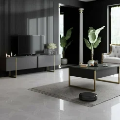 Mobile Porta tv Nero Antracite oro Cassetti un Ripiano 180x30x50h cm, 2 Ante - Abishia