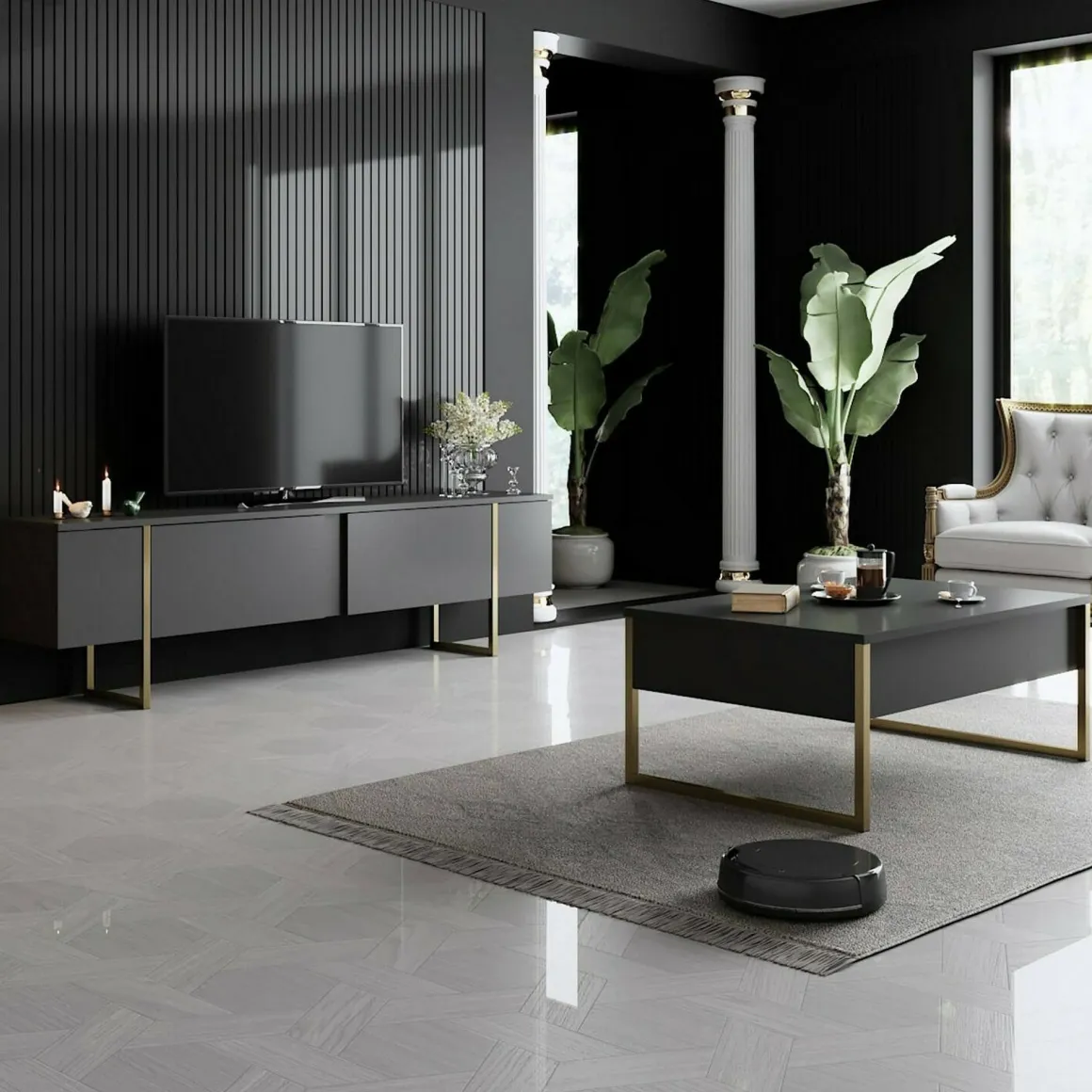 Mobile Porta tv Nero Antracite oro Cassetti un Ripiano 180x30x50h cm, 2 Ante - Abishia