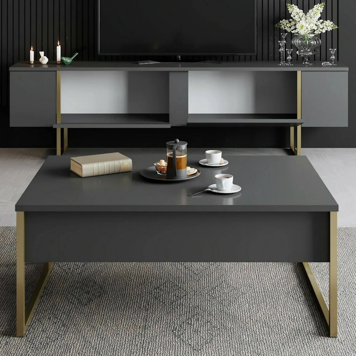 Mobile Porta tv Nero Antracite oro Cassetti un Ripiano 180x30x50h cm, 2 Ante - Abishia