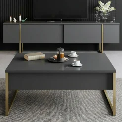 Mobile Porta tv Nero Antracite oro Cassetti un Ripiano 180x30x50h cm, 2 Ante - Abishia
