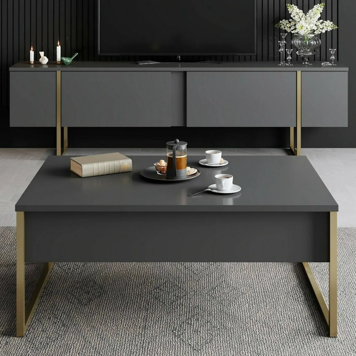 Mobile Porta tv Nero Antracite oro Cassetti un Ripiano 180x30x50h cm, 2 Ante - Abishia