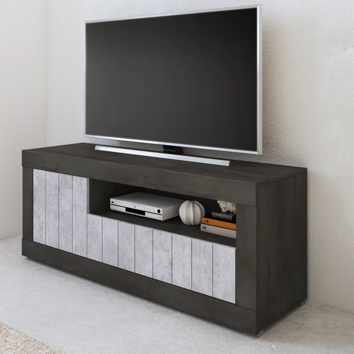 Mobile Porta tv Nero Grigio Cemento Cassetti Ripiani 137x42x56h cm, 3 Ante - Lucino