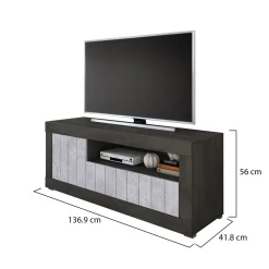 Mobile Porta tv Nero Grigio Cemento Cassetti Ripiani 137x42x56h cm, 3 Ante - Lucino