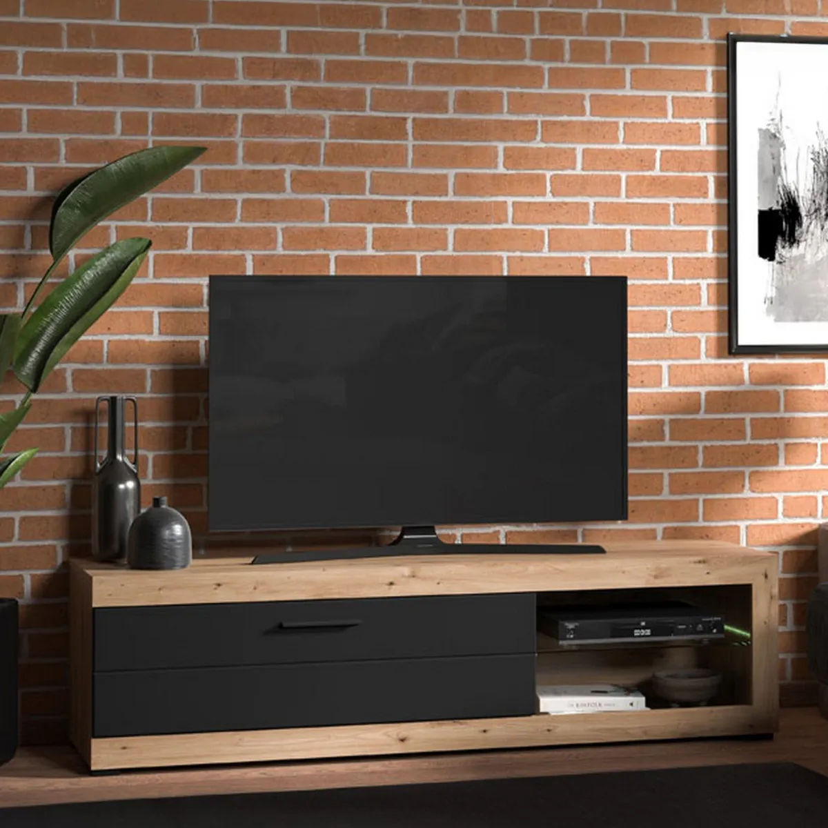 Mobili Porta Tv > Dmora Mobile Porta tv Nero Marrone Rovere Nodi 2 Ripiani Un'anta 162x41.5x43.5h cm, Ripiano in Vetro - Pompu Marrone, Nero Rovere Nodi