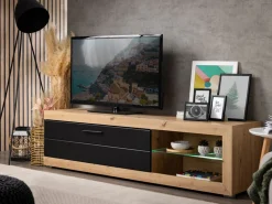 Mobili Porta Tv > Dmora Mobile Porta tv Nero Marrone Rovere Nodi 2 Ripiani Un'anta 162x41.5x43.5h cm, Ripiano in Vetro - Pompu Marrone, Nero Rovere Nodi