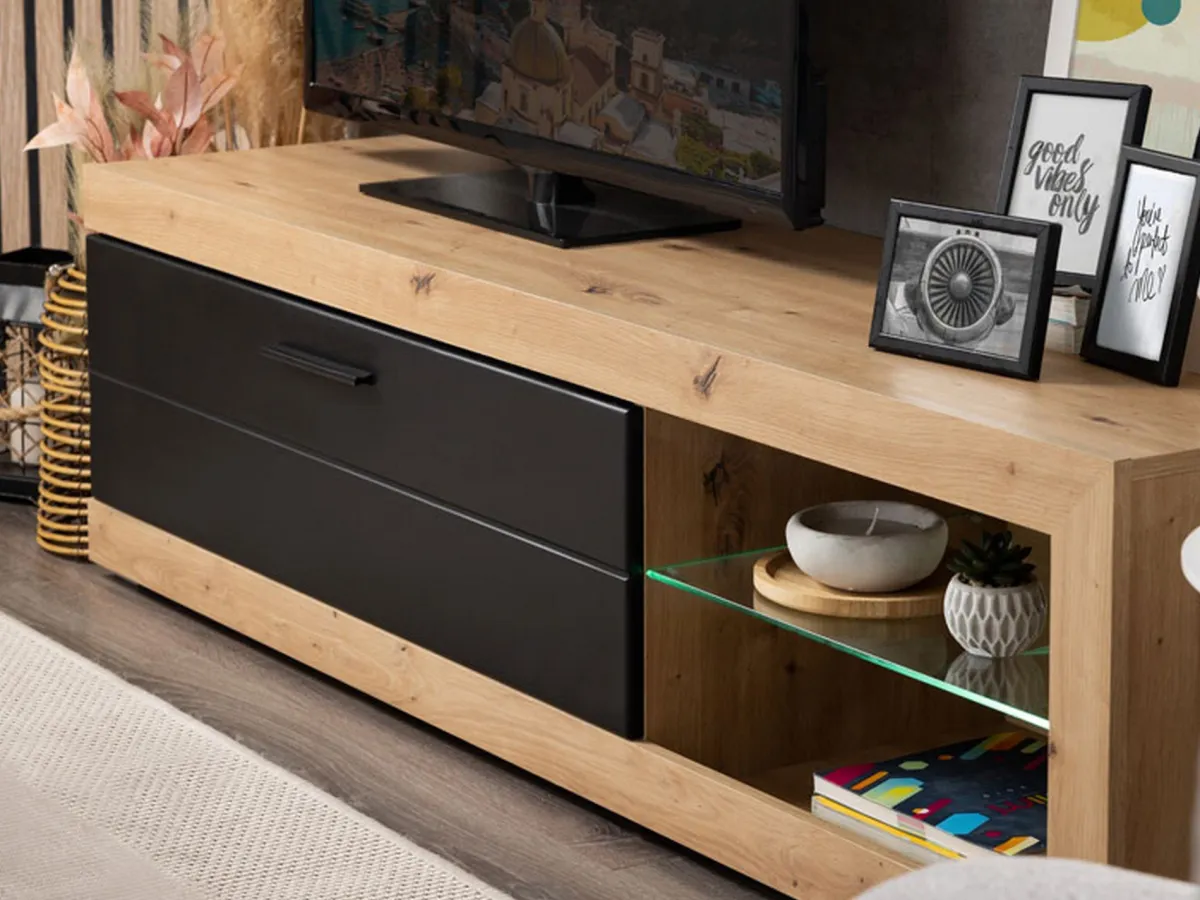 Mobili Porta Tv > Dmora Mobile Porta tv Nero Marrone Rovere Nodi 2 Ripiani Un'anta 162x41.5x43.5h cm, Ripiano in Vetro - Pompu Marrone, Nero Rovere Nodi