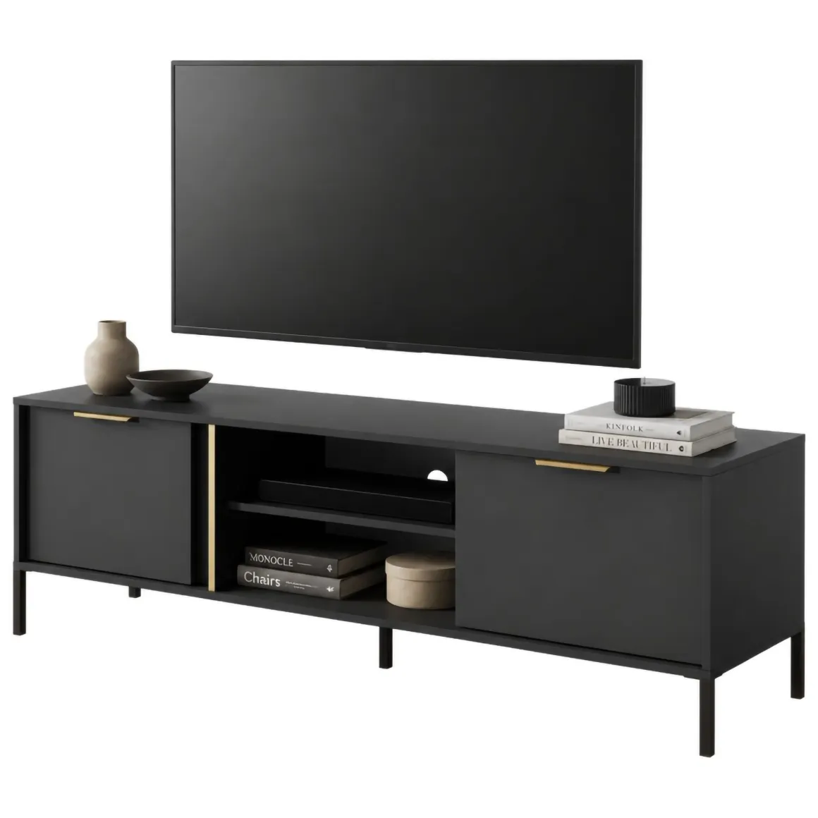 Mobile Porta tv Nero oro 2 Ripiani 2 Ante 153x40x53h cm, 4 Vani - Kaleka