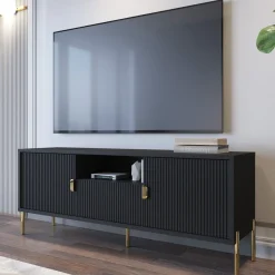 Mobile Porta tv Nero oro un Cassetto Ripiani 155x40x69h cm, 2 Ante - Rabattone