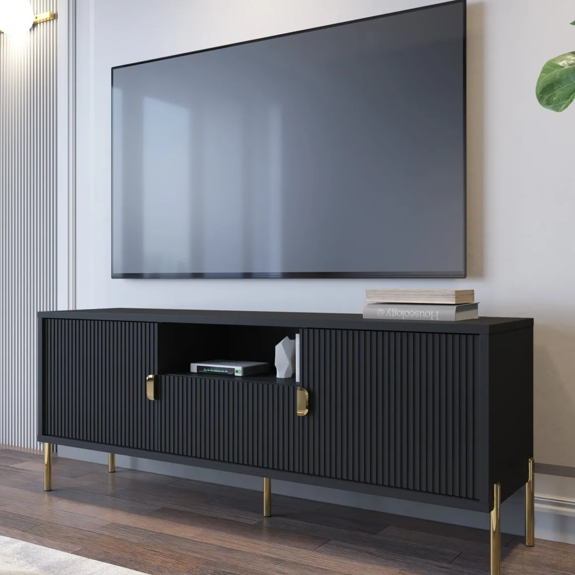 Mobile Porta tv Nero oro un Cassetto Ripiani 155x40x69h cm, 2 Ante - Rabattone