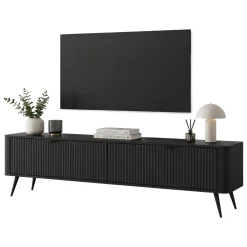 Mobili Porta Tv > Dmora Mobile Porta tv 2 Ripiani 2 Ante 163x38x51h cm, Ante Effetto Rigato con Piedini - Kalase Nero