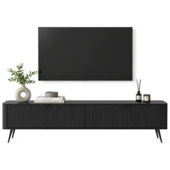 Mobile Porta tv Nero 2 Ripiani 2 Ante 200x38x51h cm, Ante Effetto Rigato con Piedini - Kala