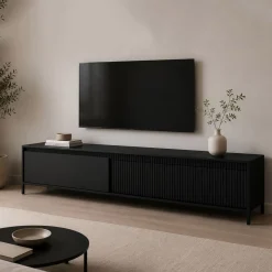 Mobile Porta tv Nero un Ripiano 2 Ante 187x40x53h cm, Ante Effetto Rigato - Kami