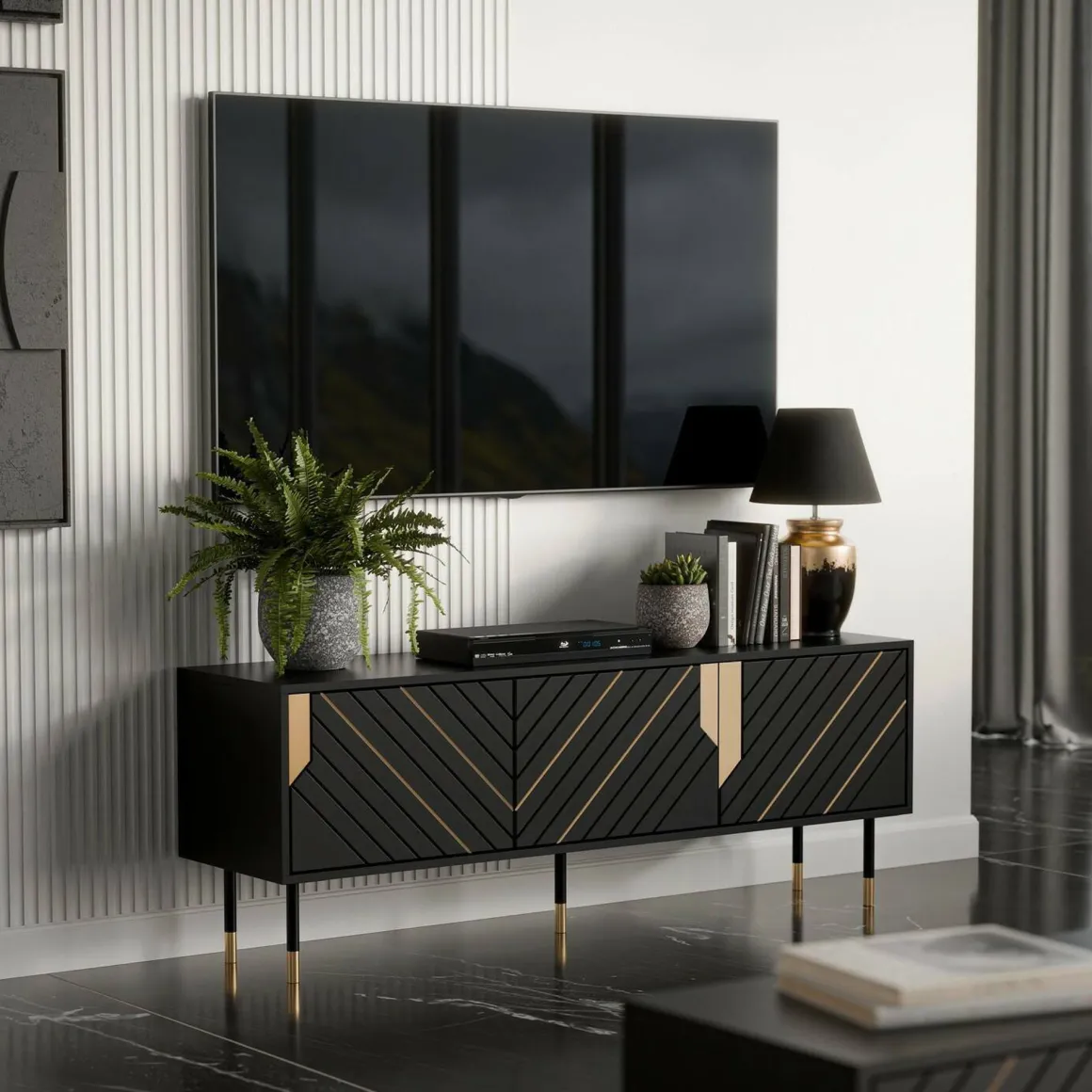 Mobile porta TV Perito, 154x40 h55 cm, Nero e Oro