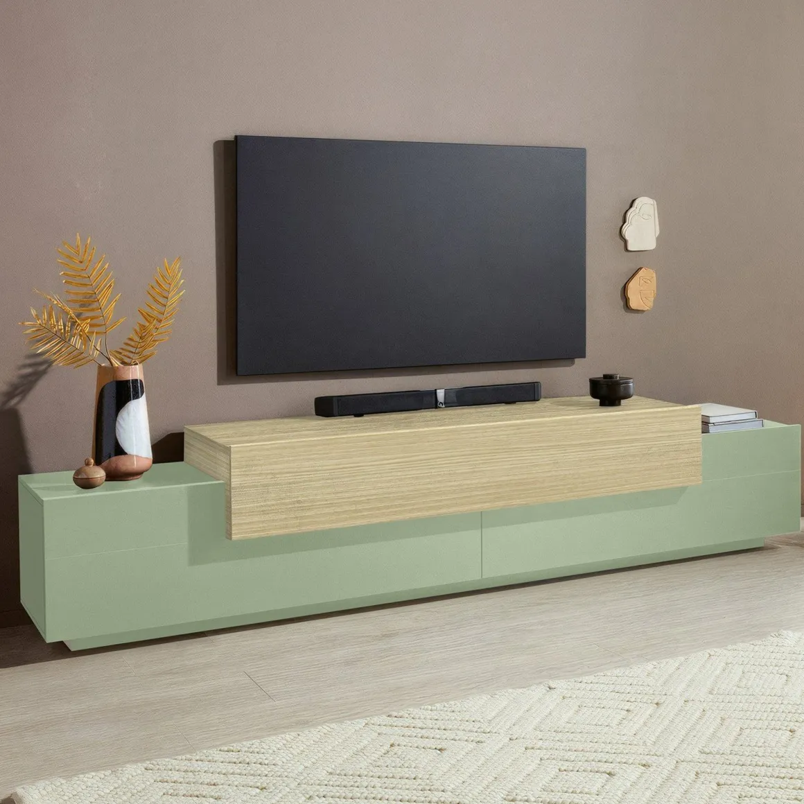 Mobile Porta tv Verde 3 Ripiani 4 Vani 240x45x51.5h cm, 3 Ante - Curino