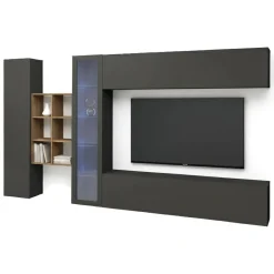 Salotto|Pareti Attrezzate > Dmora Mobile salotto 4 ante 280cm antracite e acero - Alessano Marrone Acero, Nero Antracite