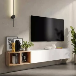 Pareti Attrezzate > Dmora Mobile salotto in legno e metallo 194cm bianco lucido e rovere - Koguma Marrone Rovere, Bianco Lucido