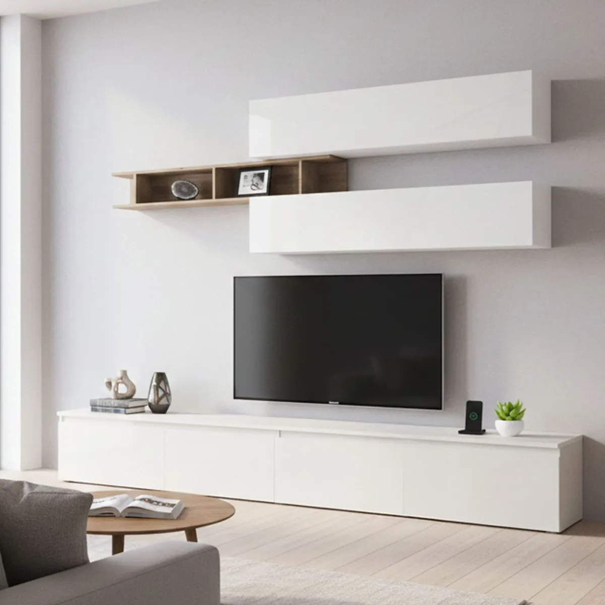 Pareti Attrezzate > Dmora Mobile salotto moderno 276cm bianco lucido e rovere - Gilma Marrone Rovere, Bianco Lucido