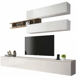 Pareti Attrezzate > Dmora Mobile salotto moderno 276cm bianco lucido e rovere - Gilma Marrone Rovere, Bianco Lucido