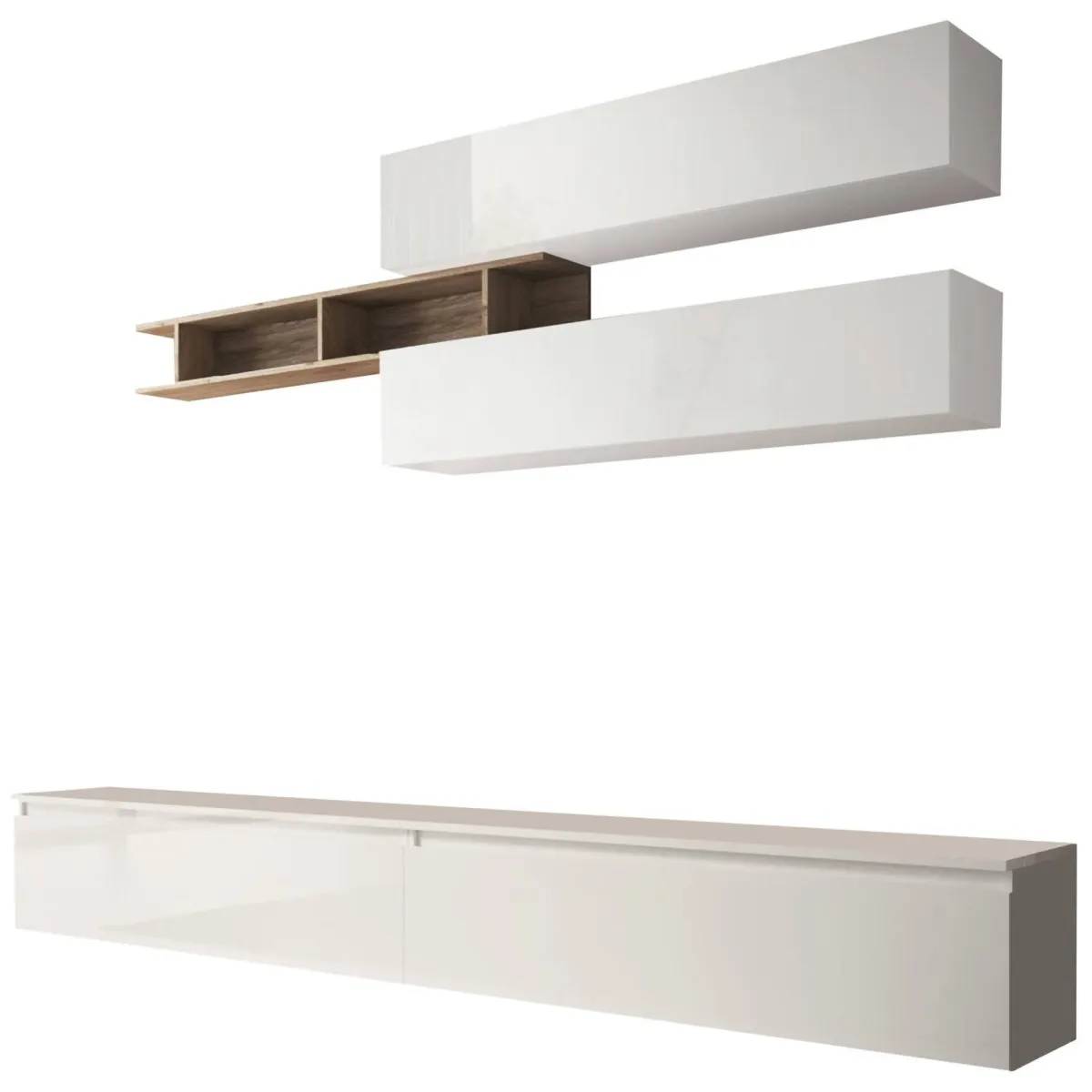 Pareti Attrezzate > Dmora Mobile salotto moderno 276cm bianco lucido e rovere - Gilma Marrone Rovere, Bianco Lucido