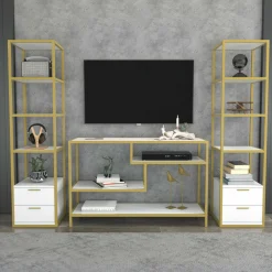 Salotto|Pareti Attrezzate > Dmora Mobile salotto multifunzione 198cm oro e bianco - Felion Bianco, Oro Oro