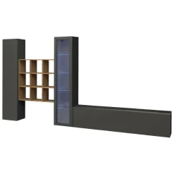 Salotto|Pareti Attrezzate > Dmora Mobile salotto 18 ripiani 310cm antracite e acero - Arizzano Marrone Acero, Nero Antracite