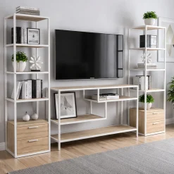 Salotto|Pareti Attrezzate > Dmora Mobile salotto 12 ripiani 198cm bianco e rovere - Felion Marrone, Bianco Rovere