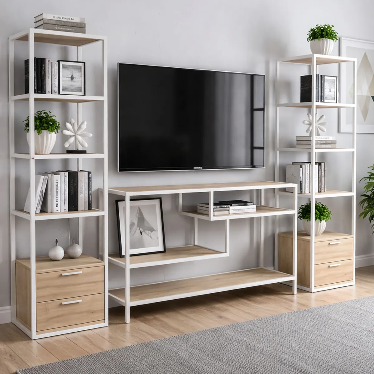 Salotto|Pareti Attrezzate > Dmora Mobile salotto 12 ripiani 198cm bianco e rovere - Felion Marrone, Bianco Rovere