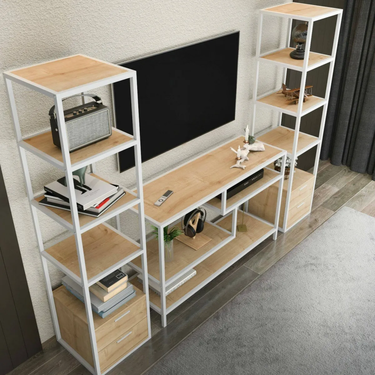 Salotto|Pareti Attrezzate > Dmora Mobile salotto 12 ripiani 198cm bianco e rovere - Felion Marrone, Bianco Rovere