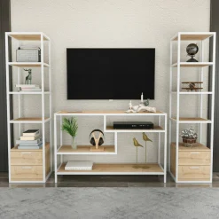 Salotto|Pareti Attrezzate > Dmora Mobile salotto 12 ripiani 198cm bianco e rovere - Felion Marrone, Bianco Rovere