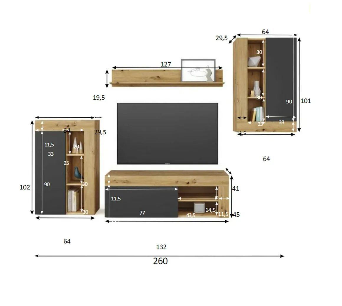Mobile salotto ripiani regolabili 260cm legno e antracite - Atex