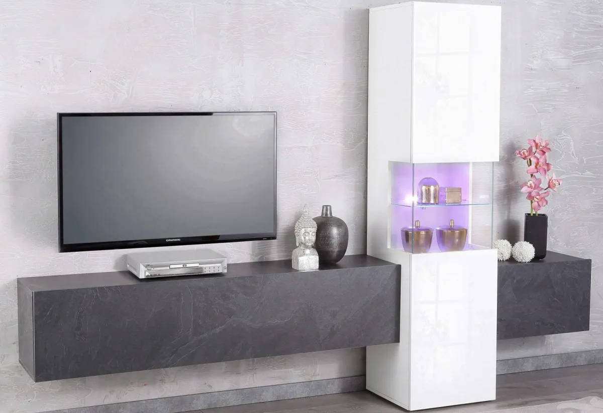 Salotto > Dmora Mobile salotto smart 265cm bianco lucido e ardesia - Abramo Grigio Ardesia, Bianco Lucido