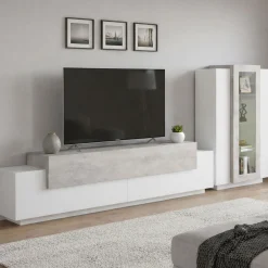 Salotto|Pareti Attrezzate > Dmora Mobile soggiorno con vetrina 280cm bianco lucido e cemento - Anisia Grigio Cemento, Bianco Lucido