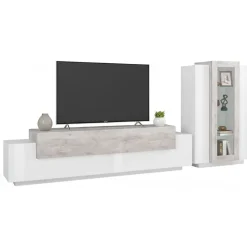 Salotto|Pareti Attrezzate > Dmora Mobile soggiorno con vetrina 280cm bianco lucido e cemento - Anisia Grigio Cemento, Bianco Lucido