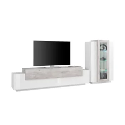 Salotto|Pareti Attrezzate > Dmora Mobile soggiorno con vetrina 280cm bianco lucido e cemento - Anisia Grigio Cemento, Bianco Lucido